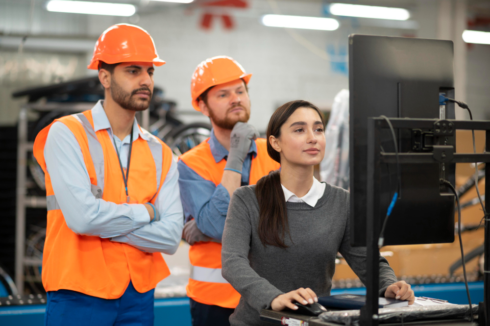 Industrial workers in safety helmets attending technical training while observing a computer demonstration.
