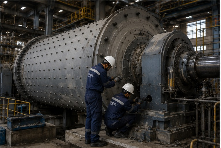 Workers working on a ball mill